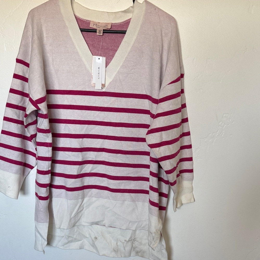 Philosophy Cream and Fuchsia Striped V-Neck Sweater